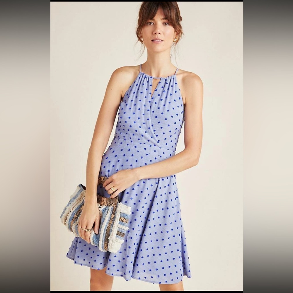 NWT Anthropologie Sundays in Brooklyn Naya Light Blue Polka Dot Halter Dress L